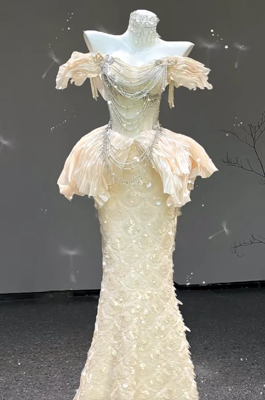 Elegant Mermaid Long Evening Dress Off-the-shoulder Beaded Tulle Wedding Guest Dress DP2882 - Deanwangkt