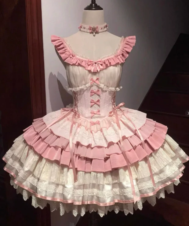 Fairy Strap Ball Gown Pink Sleeveless Short Birthday Dress Lace Sweet Lolita Dress DP3798 - Deanwangkt