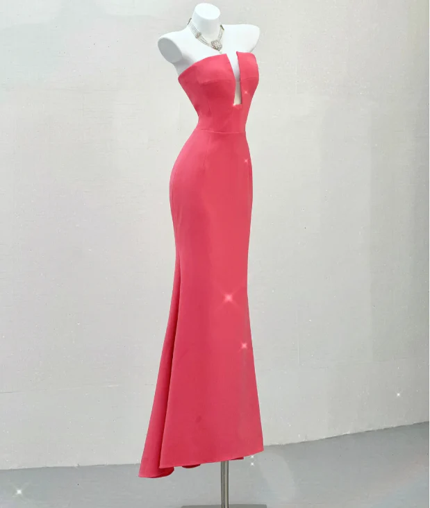 Classy Mermaid Strapless Pink Satin Evening Dress Long Prom Dresses P0022 - Deanwangkt