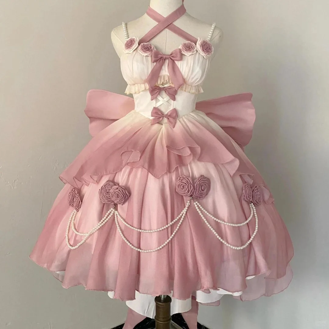 Vintage Ball Gown Pink Tulle Applique Spaghetti Straps Short Lolita Outfits 18th Birthday Dress Mini Cute Lolita Dress DP2897 - Deanwangkt