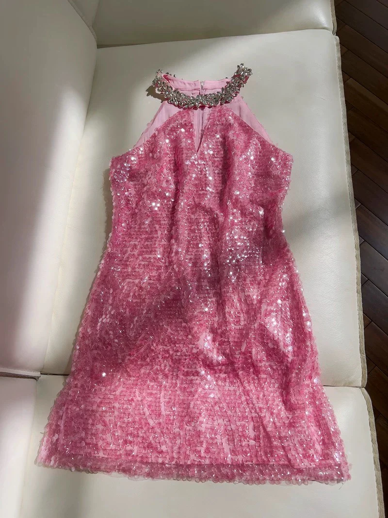 Cute Sheath High Neck Pink Sequin Formal Short 8th Grade Homecoming Dress Summer Middle School Hoco Dresses Birthday Outfits W985 - Deanwangkt
