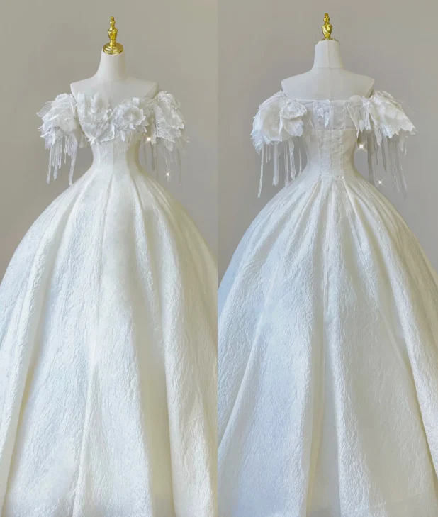 Elegant Ball Gown Off The Shoulder White Lace Short Sleeves Wedding Dresses Brides Dress P0015 - Deanwangkt