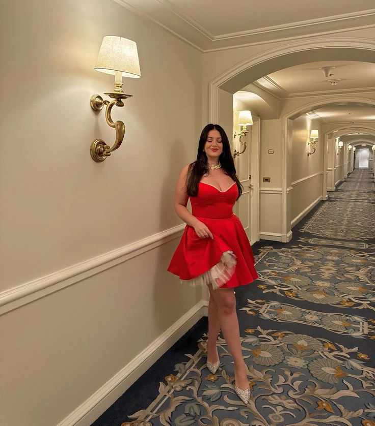 Pretty Ball Gown Spaghetti Straps Satin Red Formal Homecoming Dresses 18th Birthday Outfits Graduation Dress Short Mini Hoco Dresses DH2501 - Deanwangkt