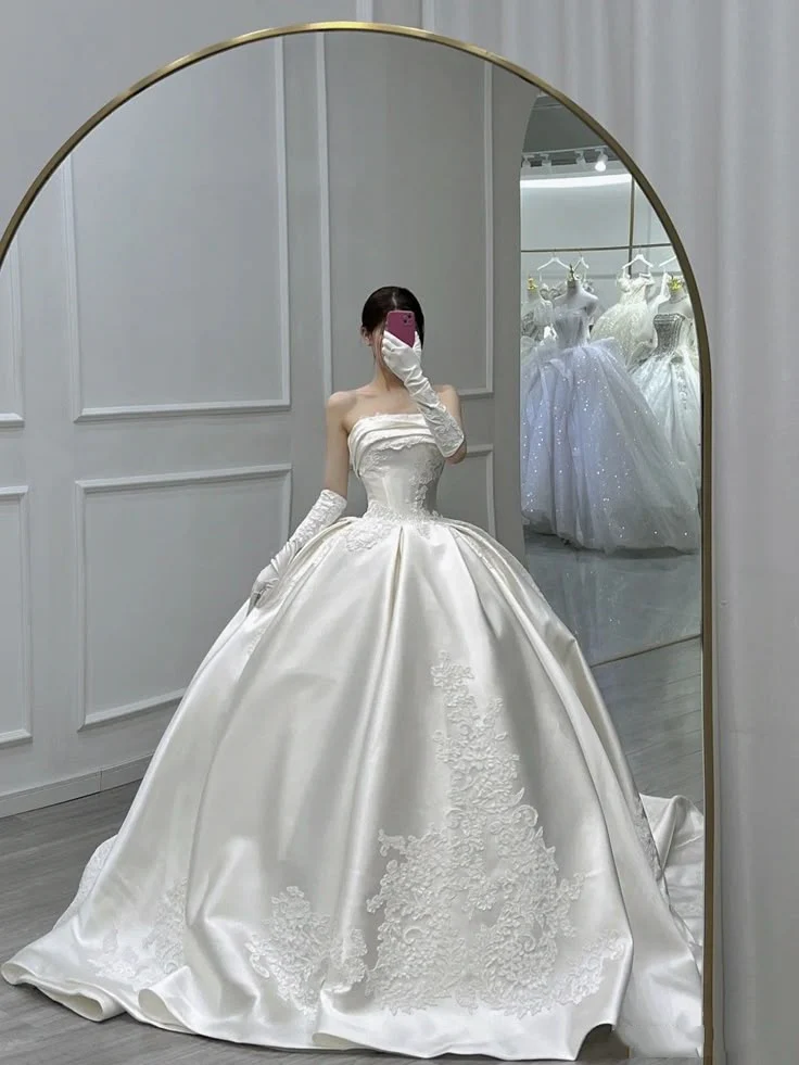 Timeless Bridal Gown Ball Gown Strapless White Sleeveless Satin Long Wedding Dresses Elegant Bridal Gowns DH908 - Deanwangkt