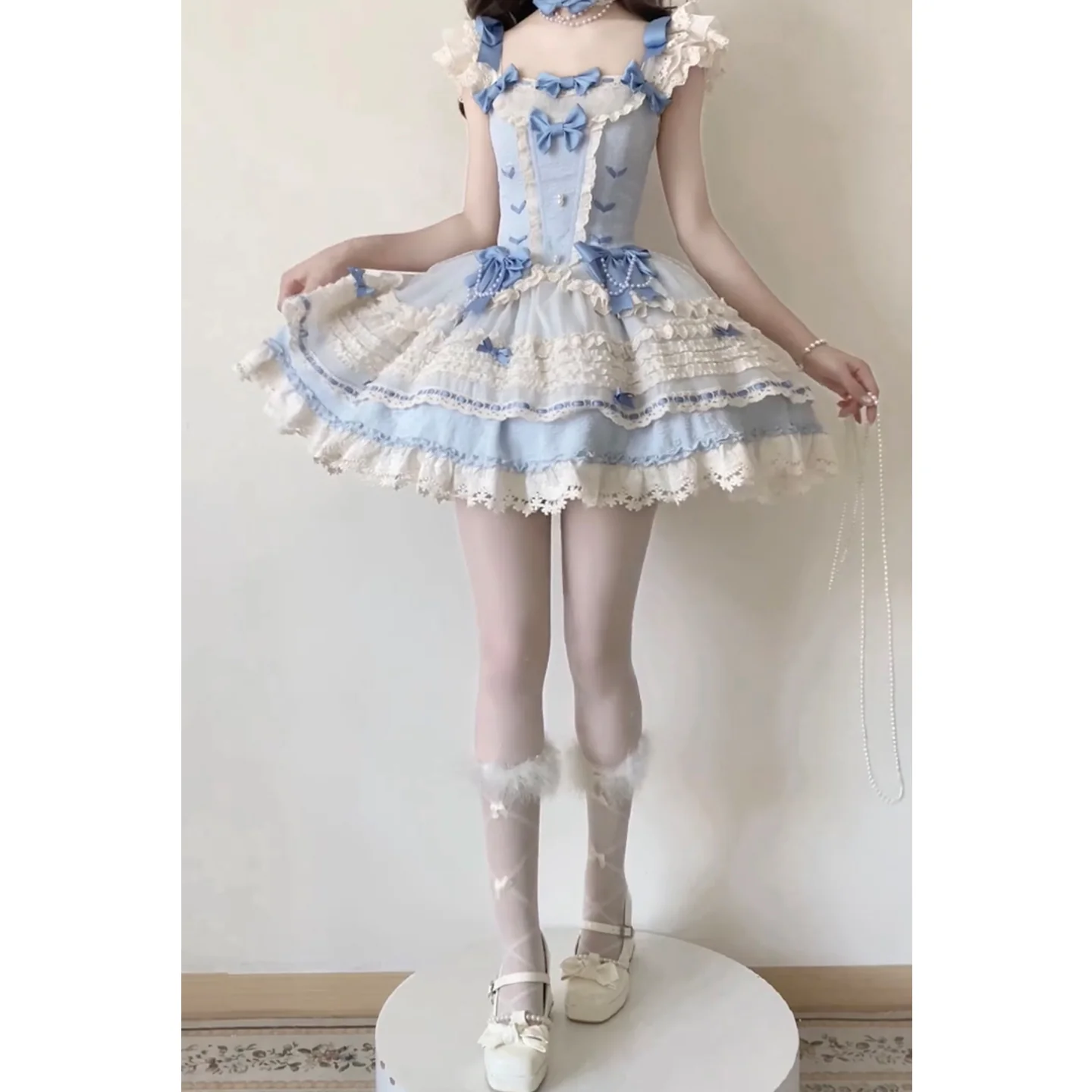 Vintage Ball Gown Square Neck Blue Lace Summer 16th Birthday Dress Lolita Dress Mini 18th Birthday Outfits Short Lolita Outfit DH2408 - Deanwangkt
