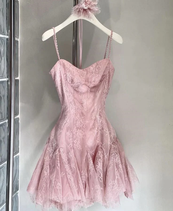 Pretty A line Spaghetti Straps Tulle Lace Pink Formal 8th Grade Homecoming Dress Summer Middle School Hoco Dresses W1146 - Deanwangkt