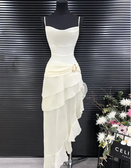 Gorgeous High Low Straps Ivory Chiffon Prom Dresses Formal Summer Wedding Guest Dresses Wedding Guest Outfits DP754 - Deanwangkt