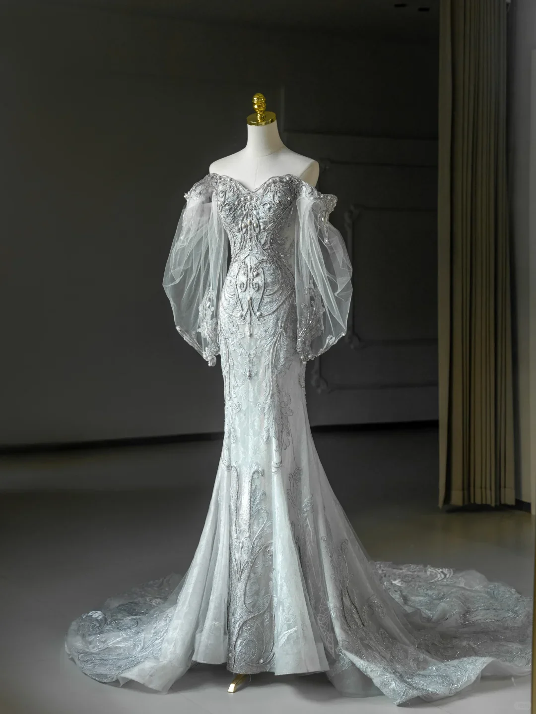 Princess Bridal Dress Mermaid Off The Shoulder Lace Tulle Long Sleeves Wedding Dress With Long Sleeves Wedding Dresses Modest Wedding Gowns DH2065 - Deanwangkt