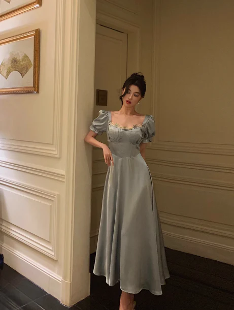 Vintage A line Square Blue Satin Prom Dresses Ruffles Evening Gowns Evening Dress DP1882 - Deanwangkt