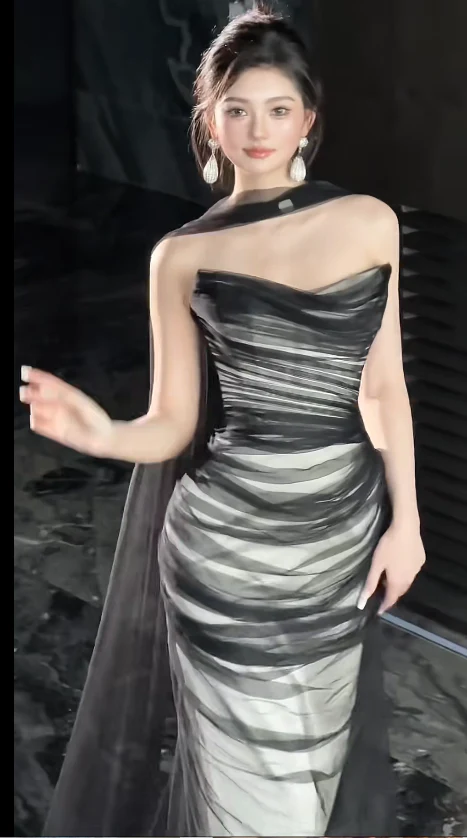 Elegant Strapless Sheath Tulle Long Prom Dresses, Black Sleeveless Formal Evening Dresses DP3117 - Deanwangkt