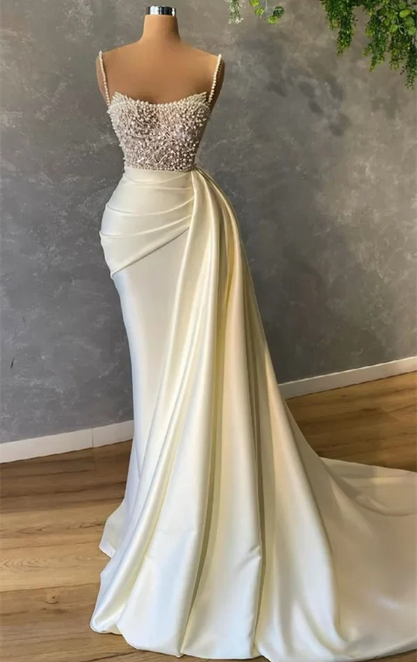Elegant Ivory Pearls Mermaid Bridal Gown Spaghetti-Straps Beautiful Wedding Dress Brides Dress DP626 - Deanwangkt