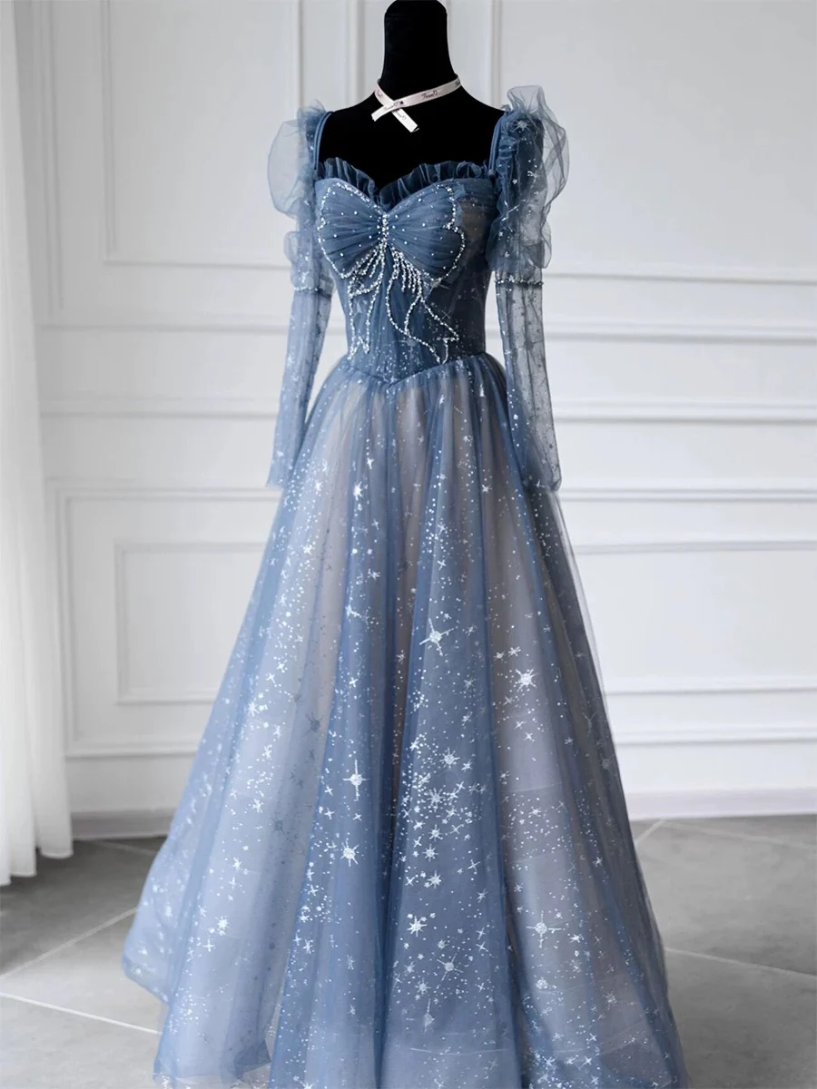 Classy A Line Sweetheart Long Sleeves Blue Sequin Evening Dress Long Prom Dresses H2896 - Deanwangkt