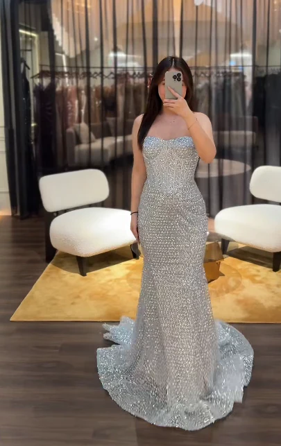 Elegant Mermaid Silver Long Prom Dresses Strapless Tulle Silver Evening Dresses DP04014 - Deanwangkt