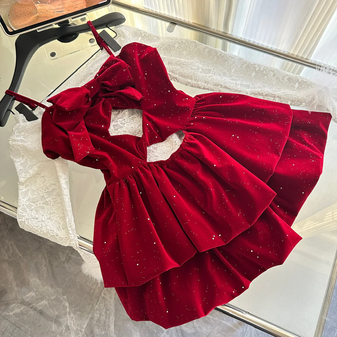Cute Spaghetti Straps Red Ruffles Velvet Summer Dress 3 Pieces Holiday Party Outfits For Women DP0092 - Deanwangkt