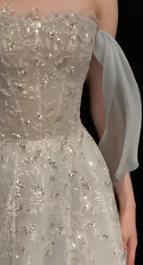 Elegant Strapless A-Line Long Wedding Dresses Tulle Beaded Bridal Gowns Applique White Bridal Dresses DP3813 - Deanwangkt