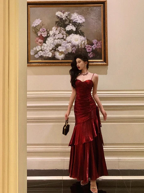 Sexy Mermaid Spaghetti Straps Burgundy 21st Birthday Dress Holiday Party Birthday Outfits For Women DP0192 - Deanwangkt