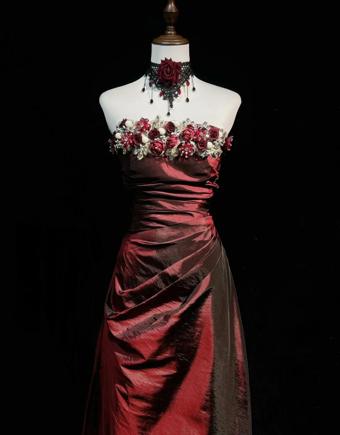 Retro A Line Strapless Burgundy Sleeveless Taffeta Long Flowers Prom Dresses Party Dress 18th Birthday Outfits Graduation Dresses DH2656 - Deanwangkt