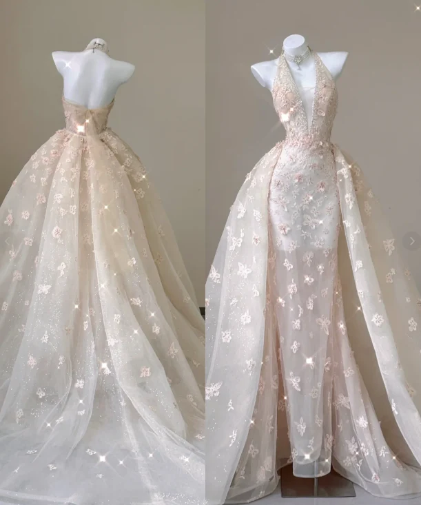 Classy Mermaid Halter Pink Lace Sleeveless Evening Dress Long Prom Dresses P0013 - Deanwangkt