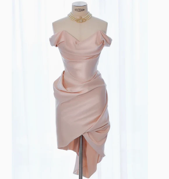 Sexy Sheath Off The Shoulder Pink Satin Short Homecoming Dresses Summer Hoco Dresses Cocktail Dress Birthday Outfits W0725 - Deanwangkt