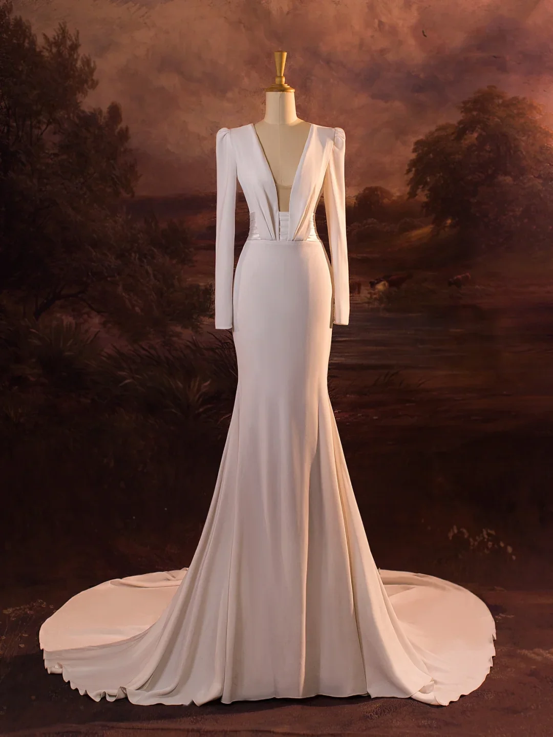 Vintage Wedding Dress Mermaid V Neck White Long Sleeves Backless Satin Long Wedding Dresses Bridal Gowns Brides Gown DH413 - Deanwangkt