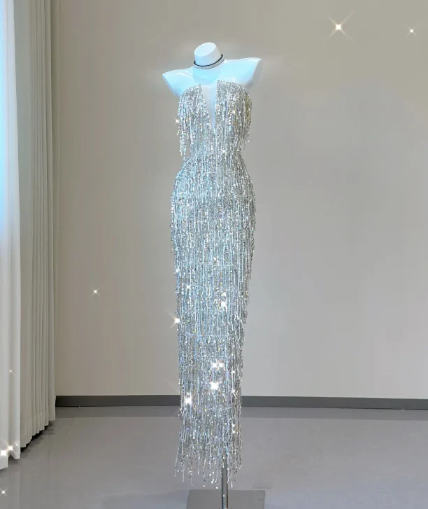 Classy Sheath Strapless Silver Sequin Evening Dress Long Prom Dresses P0011 - Deanwangkt