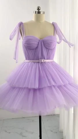 Cute Ball Gown Straps Tulle Lilac Short Formal 8th Grade Homecoming Dresses Middle School Cocktail Dress Hoco Outfits DH2568 - Deanwangkt