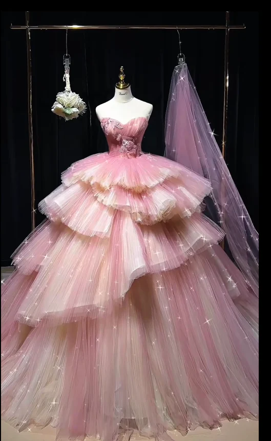 Fairy Ball Gown Pink Long Prom Dresses Strapless Tulle Sleeveless Pink Quinceanera Dresses Sweet 16 Dress DP3820 - Deanwangkt