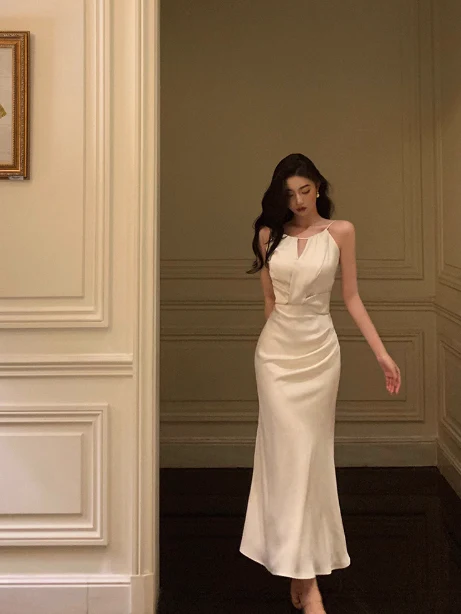 Vintage Mermaid Halter White Sleeveless 18th Birthday Dress Party Gown Birthday Outfits For Women DP0203 - Deanwangkt