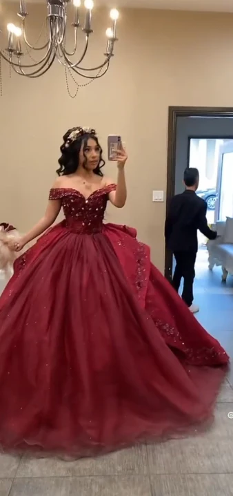 Sweet Burgundy Applique Ball Gowns Tulle Off-the-shoulder Long Quinceanera Dress Glitter Formal Dress DH2694 - Deanwangkt