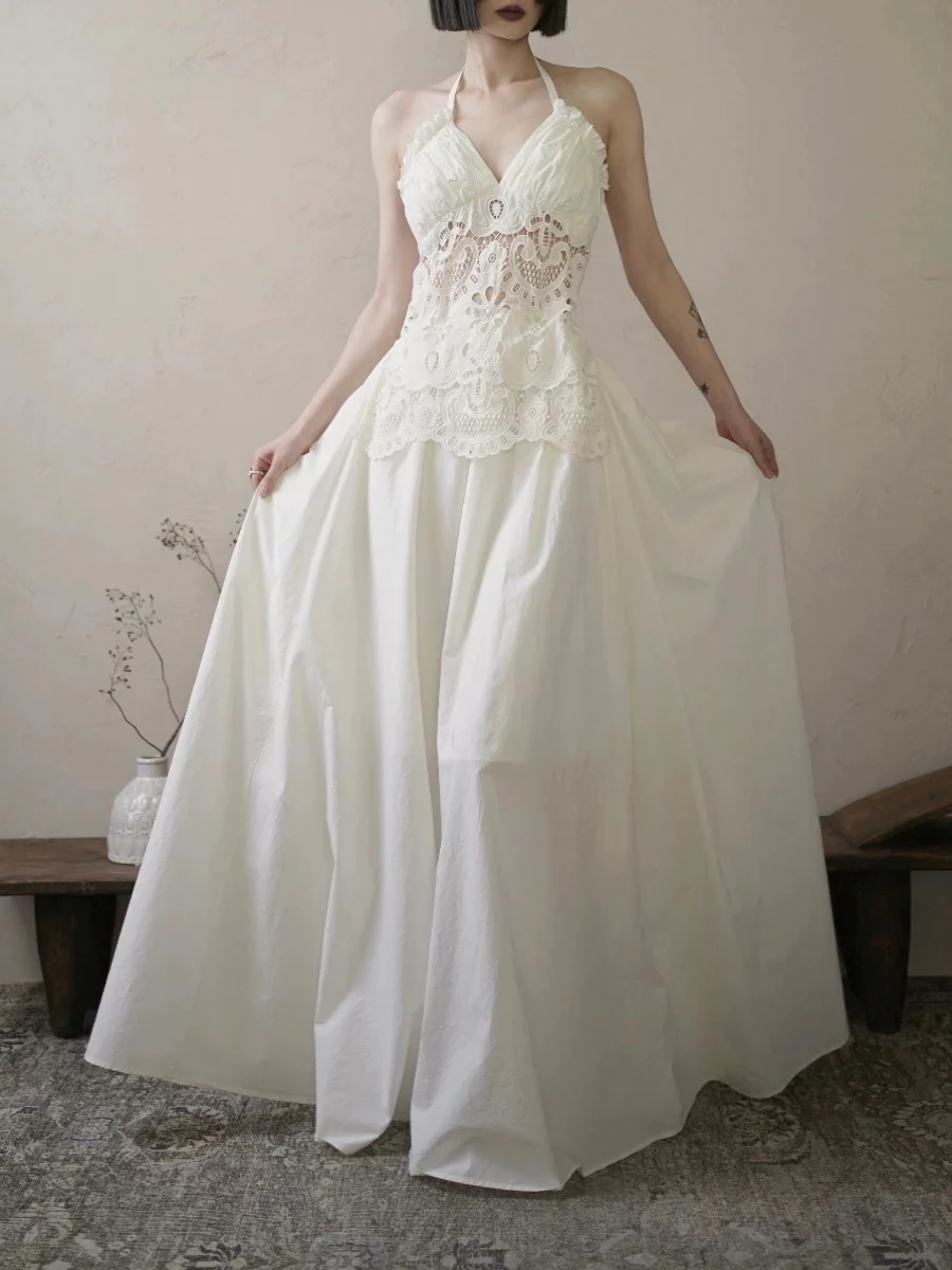 Vintage Wedding Dress A line Halter Lace White Summer Beach Long Wedding Dresses Bridal Gowns W0786 - Deanwangkt