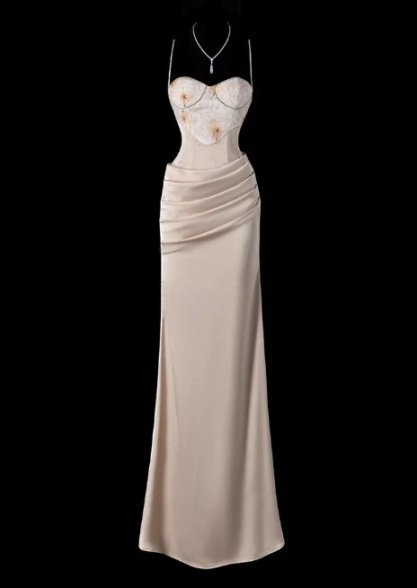 Chic Spaghetti Strap Sheath Wedding Guest Dress, Satin Champagne Formal Dresses DP3231 - Deanwangkt