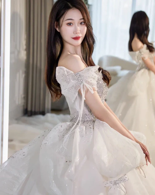 Princess Bridal Dress Ball Gown Off Shoulder Tulle White Beads Long Wedding Dress Modest Bridal Gowns DH2765 - Deanwangkt