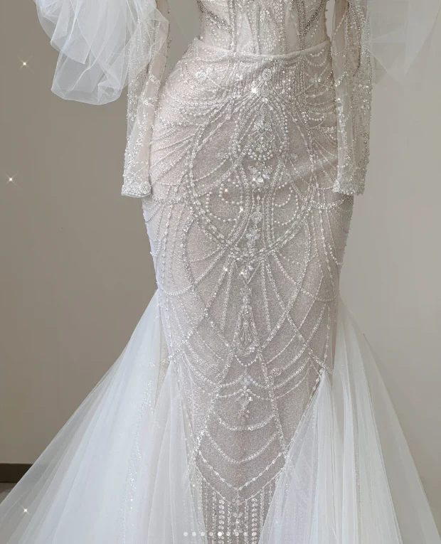 Elegant Mermaid Off The Shoulder Sequin Long Sleeves Wedding Dresses Brides Dress P0008 - Deanwangkt