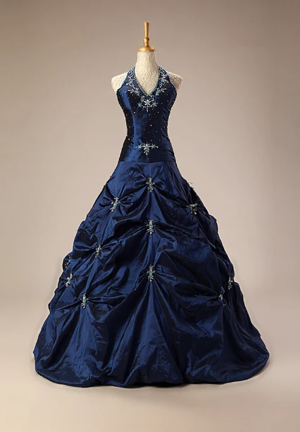 Elegant Halter Ball Gown Taffeta Long Prom Dresses, Navy Quinceanera Dresses Sweet 16 Dress DP3055 - Deanwangkt