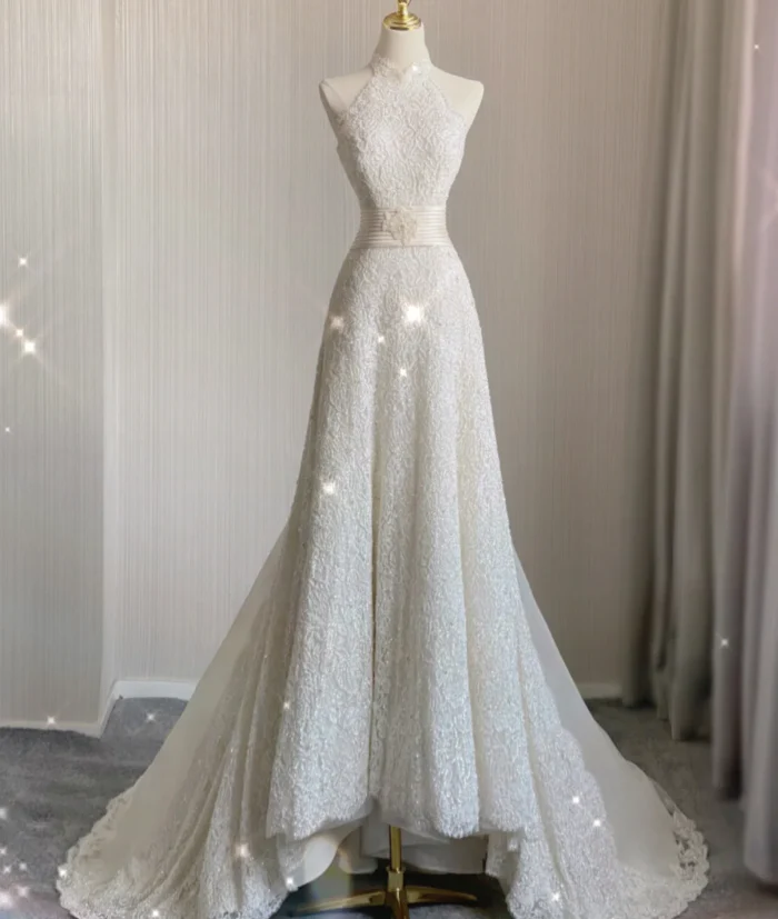 Unique A line High Neckline Lace Long White Wedding Dresses Summer Brides Dress DP409 - Deanwangkt
