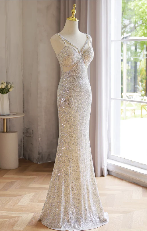 Sparkly Light Champagne V-neck Formal Dress Beaded Sequin Mermaid Evening Gown Modest Long Prom Dresses DH2702 - Deanwangkt