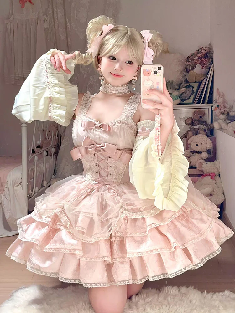 Vintage Ball Gown Square Neck Pink Lace Summer 18th Birthday Dress Lolita Dress Mini 18th Birthday Outfits Short Lolita Outfit DH2434 - Deanwangkt