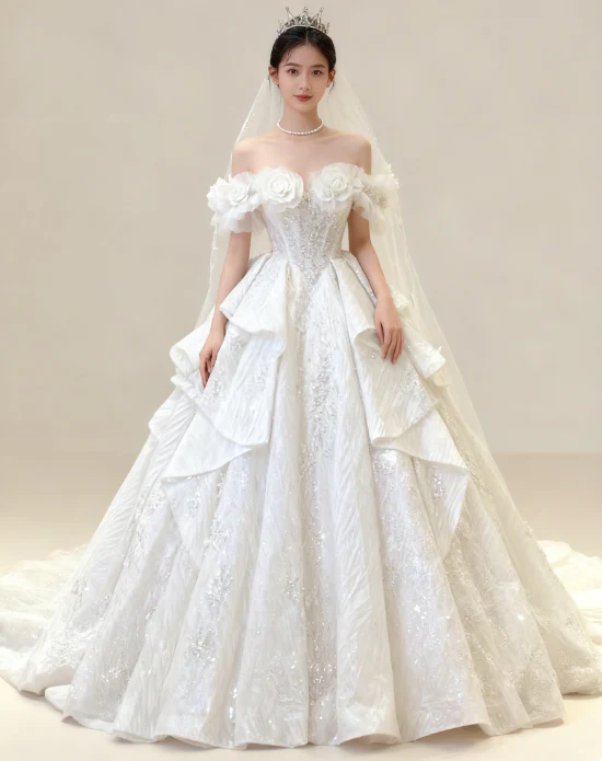 Gorgeous Off-the-shoulder Ball Gown Tulle Long Wedding Dresses Beaded White Bridal Gowns Short Sleeve Bridal Dresses DP3862 - Deanwangkt