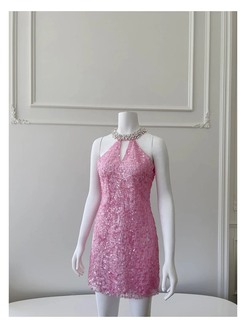 Cute Sheath High Neck Pink Sequin Formal Short 8th Grade Homecoming Dress Summer Middle School Hoco Dresses Birthday Outfits W985 - Deanwangkt