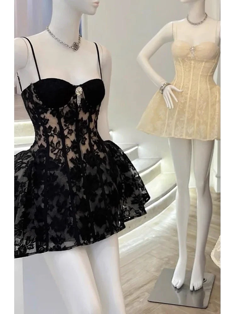 Cute Ball Gown Spaghetti Straps Black Lace Short Formal 8th Grade Homecoming Dresses Middle School Cocktail Dress Hoco Outfits DH2626 - Deanwangkt