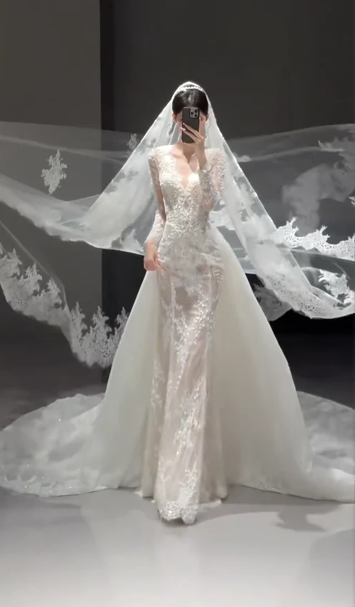 Modest V-neck Sheath Train Long Wedding Dresses Long Sleeve Lace Applique Bridal Dresses White Bridal Gowns DP3841 - Deanwangkt