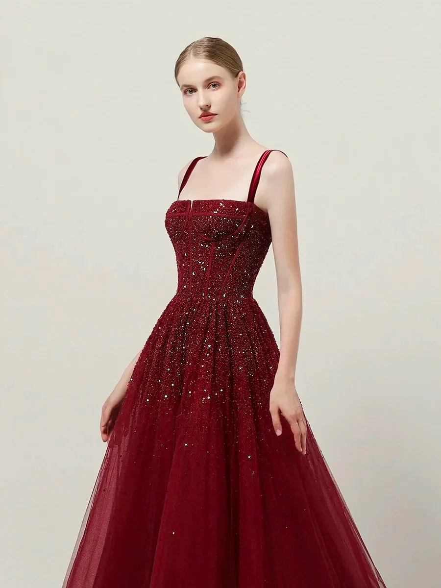 Classy Ball Gown Straps Burgundy Sequin Evening Dress Long Prom Dresses H2872 - Deanwangkt
