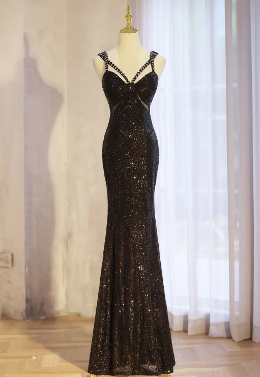 Elegant Black Mermaid Evening Gowns Spaghetti Strap Formal Dresses Spark Sequin Sleeveless Long Prom Dresses DH2697 - Deanwangkt