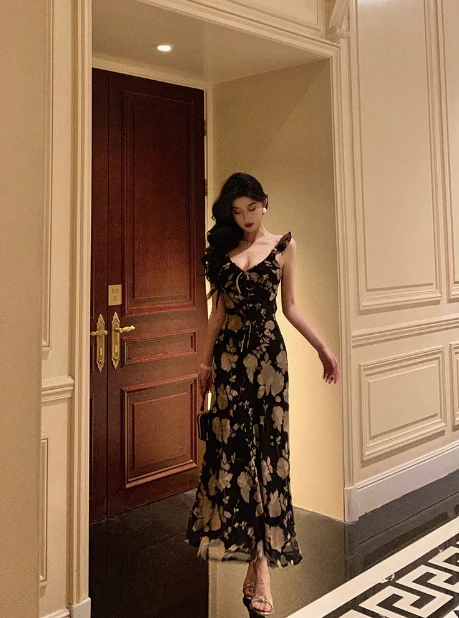 Elegant Mermaid Straps Black Floral Sleeveless 18th Birthday Dress Party Gown Birthday Outfits Birthday Dress Ideas For Women DP570 - Deanwangkt