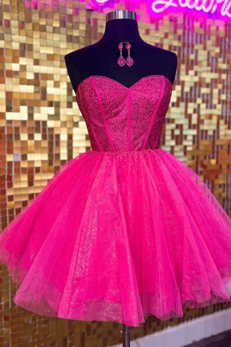 Retro Ball Gown Sweetheart Hot Pink Tulle Formal Homecoming Dresses 8th Grad Dance Graduation Dress Short Mini Hoco Dresses DH2563 - Deanwangkt