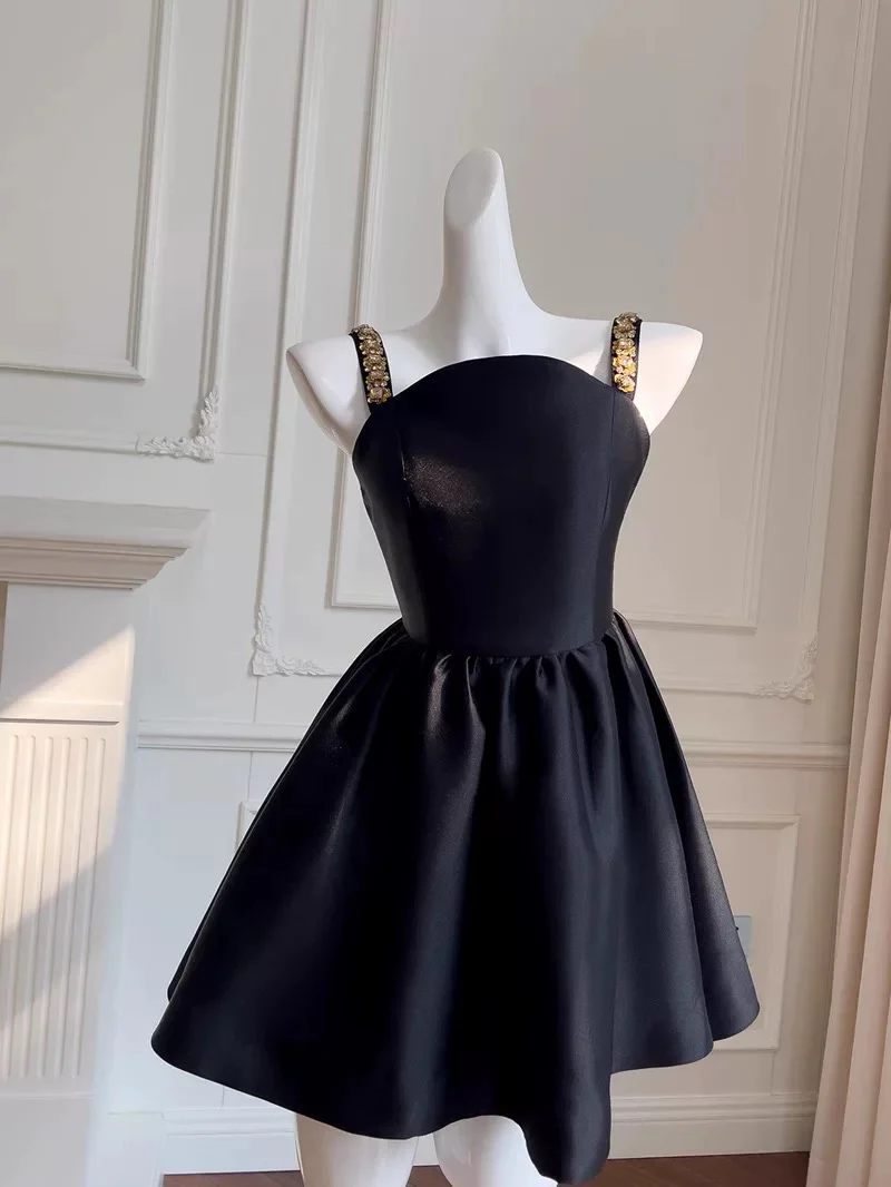 Trendy Ball Gown Straps Black Satin Sleeveless Formal Short 8th Grade Homecoming Dress Summer Middle School Hoco Dresses Cocktail Dress Birthday Outfits W938 - Deanwangkt