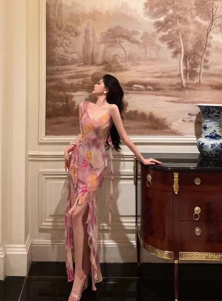 Classy Mermaid Pink Floral Chiffon Long 18th Birthday Dress Party Gown 21st Birthday Outfits Birthday Dress Ideas For Women DP601 - Deanwangkt