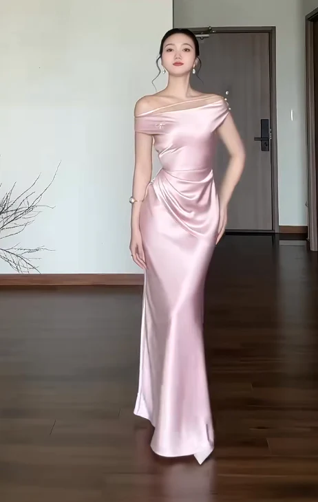 Chic Off-shoulder Sheath Pink Bridesmaid Dresses Satin Pink Evening Gowns DP3968 - Deanwangkt