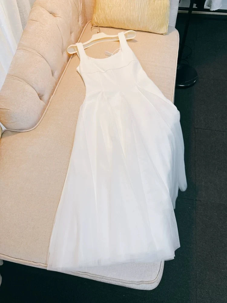 Elegant A Line Square Neck White Chiffon Sleeveless Long Evening Party Gowns Evening Formal Dresses Prom Dress DH98 - Deanwangkt