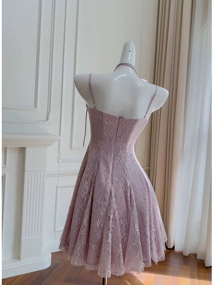 Trendy A line Spaghetti Straps Lilac Lace Sleeveless Formal Short 8th Grade Homecoming Dress Summer Middle School Hoco Dresses Cocktail Dress Birthday Outfits W947 - Deanwangkt
